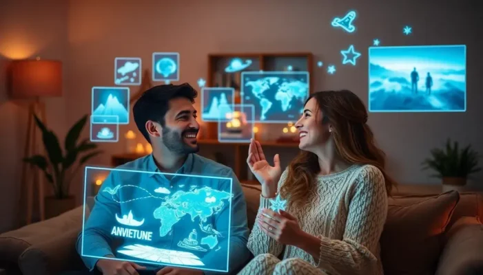 Couple in a tech-enhanced living space, exploring digital adventures.