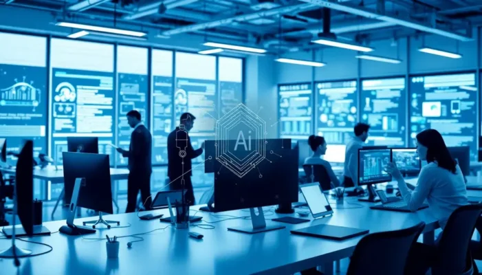 A harmonious professional workspace with AI systems and humans working together.