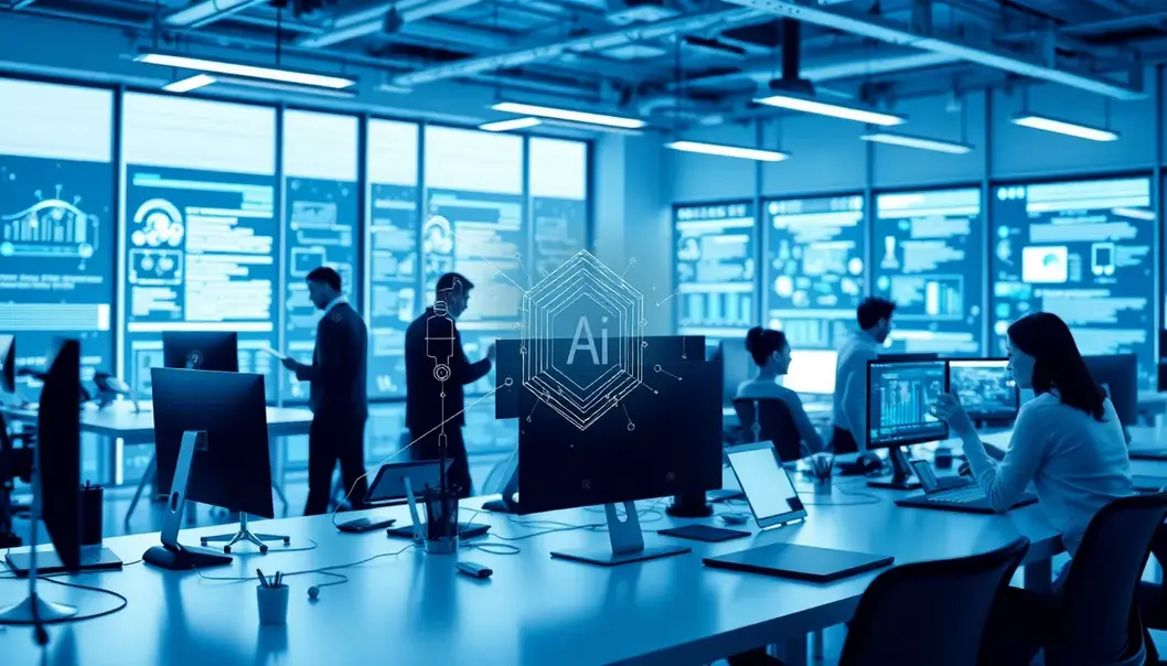 A harmonious professional workspace with AI systems and humans working together.