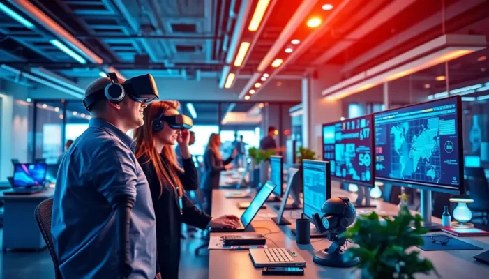 A futuristic office featuring advanced AI and VR technology in customer service.