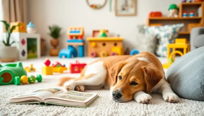 A living room with educational toys and a dog relaxing beside a book.